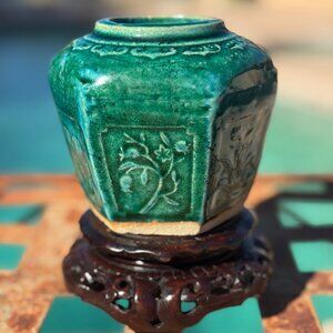 Antique 20th C Chinese Hexagonal Green Glazed Pot • Relief Floral Panels